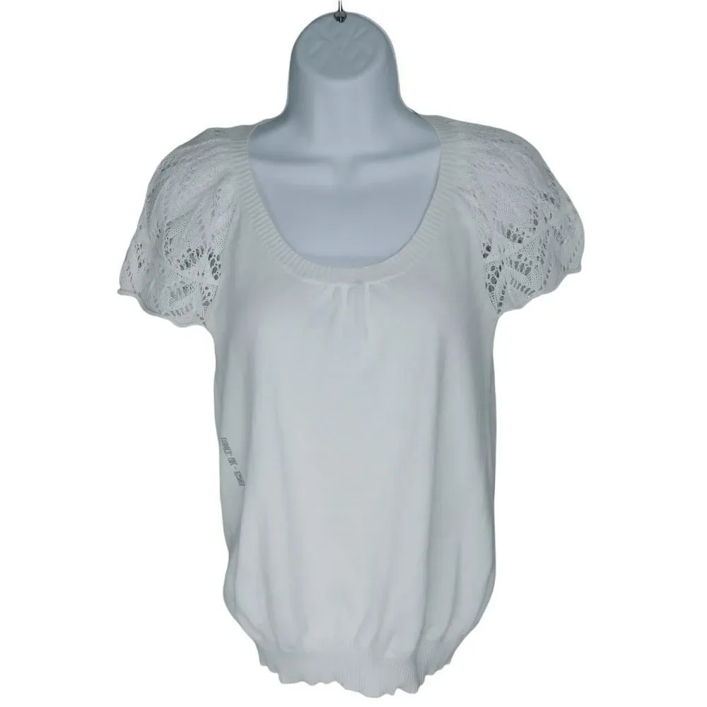 White Knit Top Round Neckline Crocheted Sleeves Medium